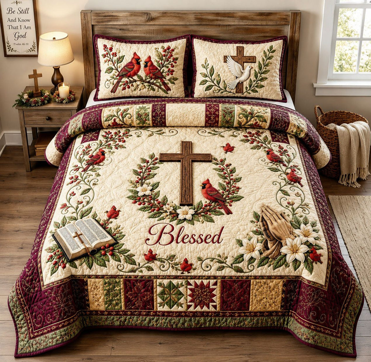 Blessed Cardinal Prayer Garden quilted 3-piece bedding set on a made bed in a softly lit bedroom
