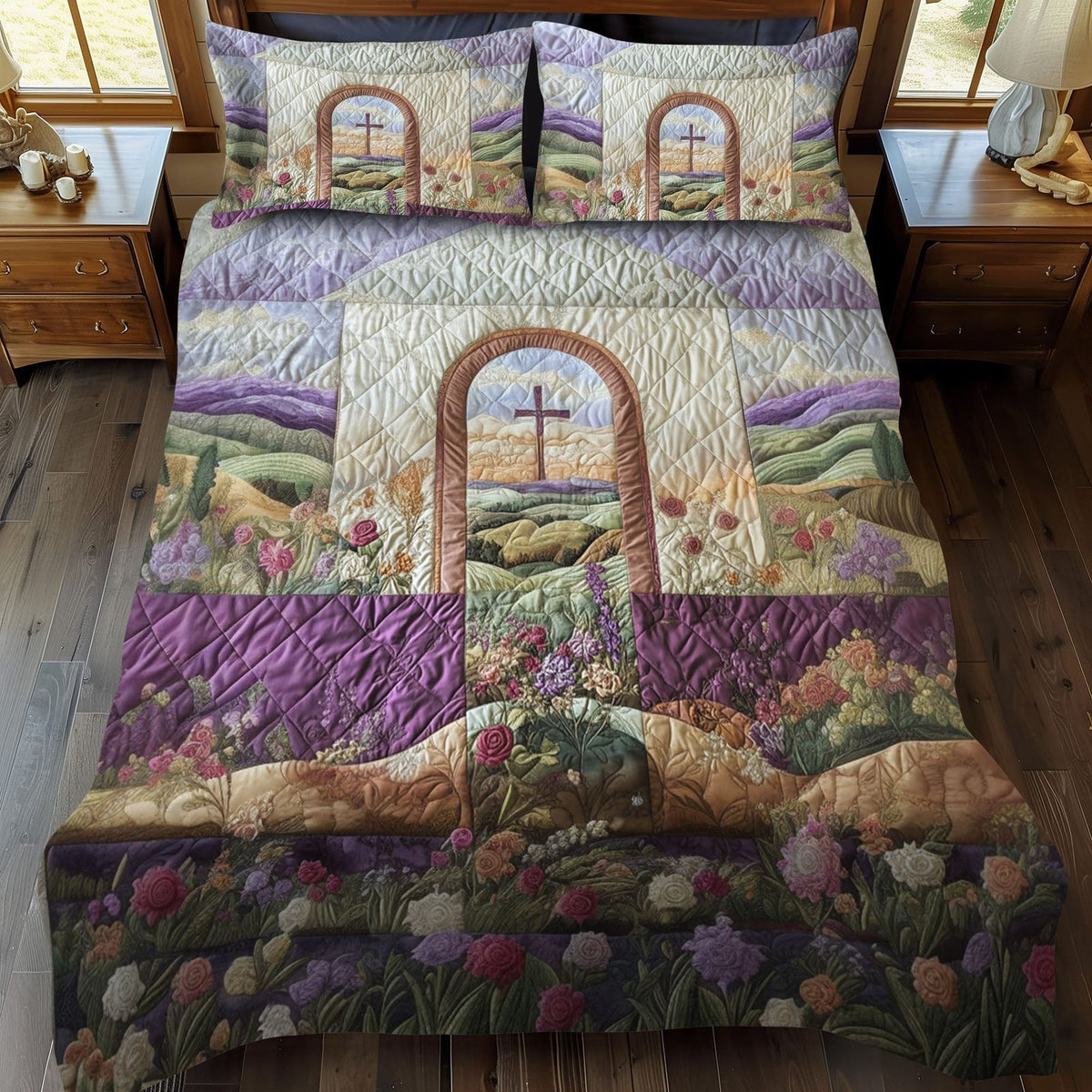 Blessed Cross quilted 3-piece bedding set on a made bed in a softly lit bedroom