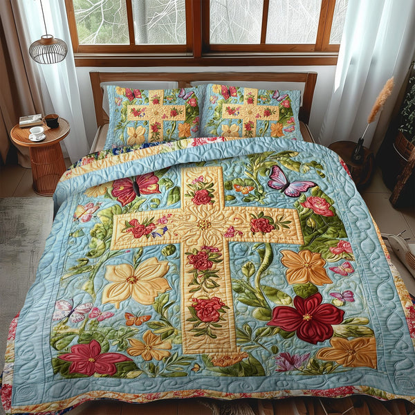 Blessed Cross quilted 3-piece bedding set on a made bed in a softly lit bedroom