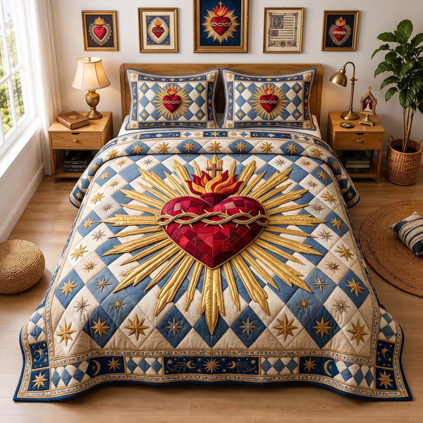 Blessed Heart quilted 3-piece bedding set on a made bed in a softly lit bedroom