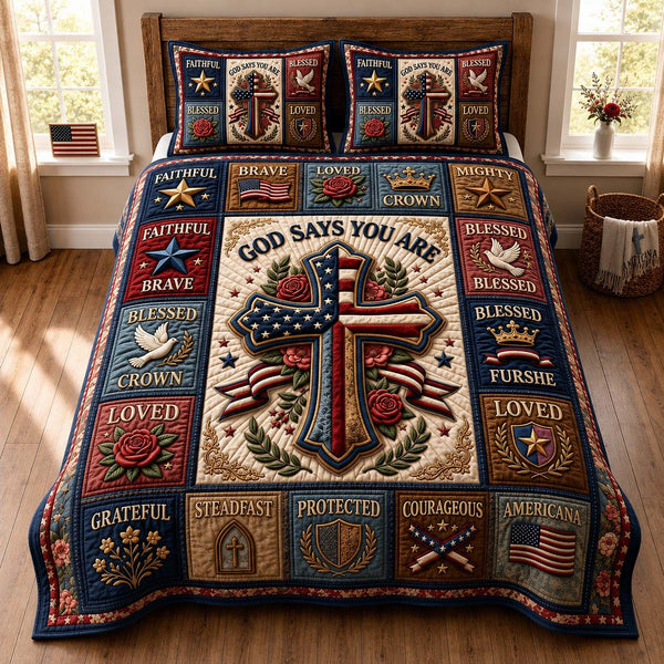 Blessed Heritage quilted 3-piece bedding set on a made bed in a softly lit bedroom