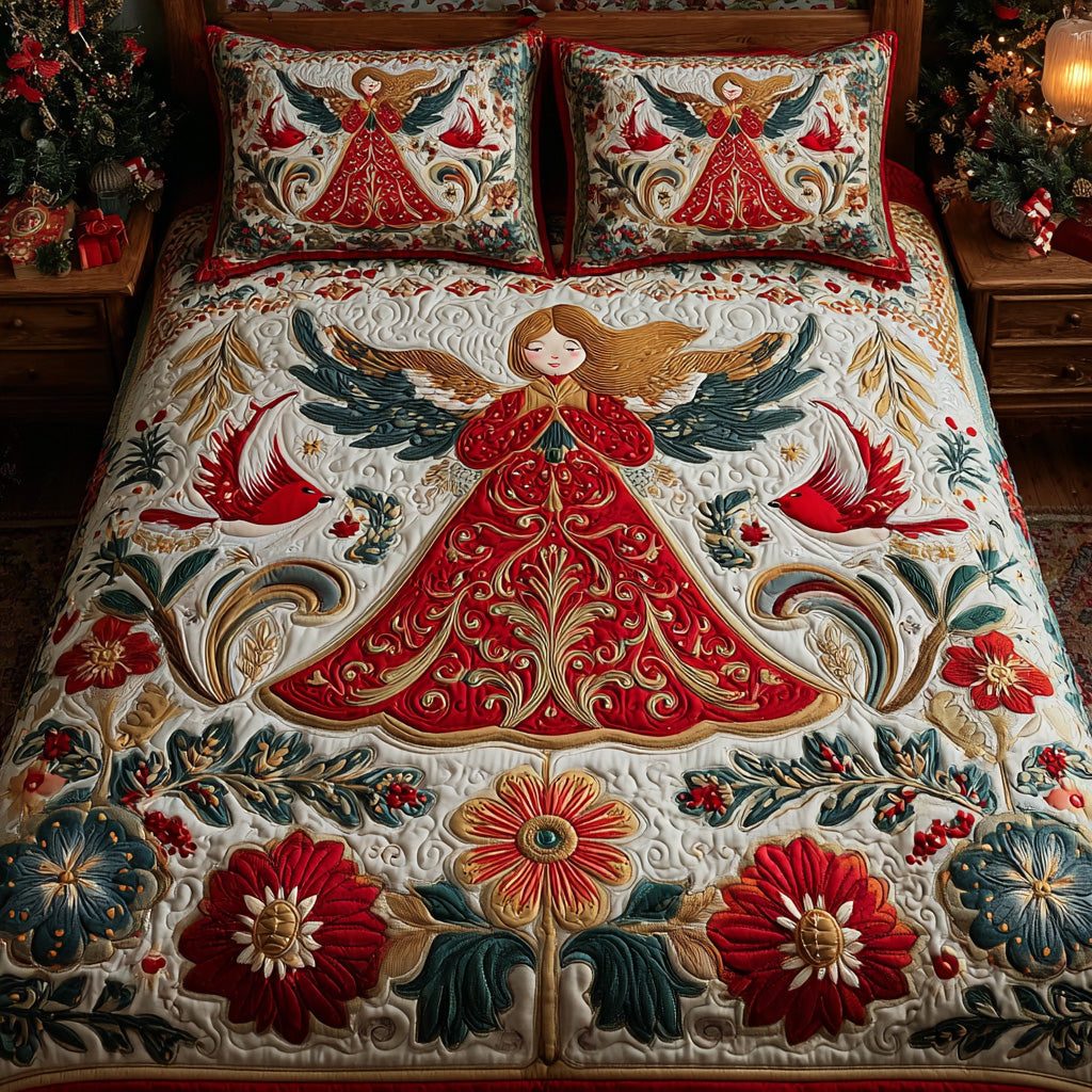 Blessed Melody quilted 3-piece bedding set on a made bed in a softly lit bedroom
