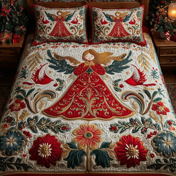 Blessed Melody quilted 3-piece bedding set on a made bed in a softly lit bedroom