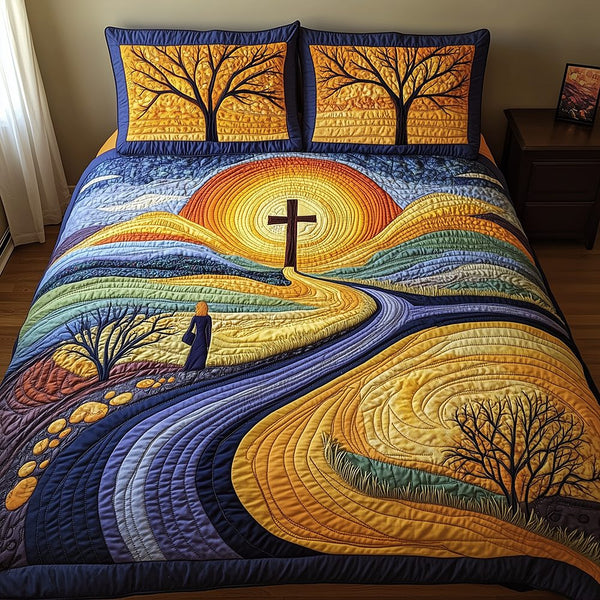 Blessed Path quilted 3-piece bedding set on a made bed in a softly lit bedroom