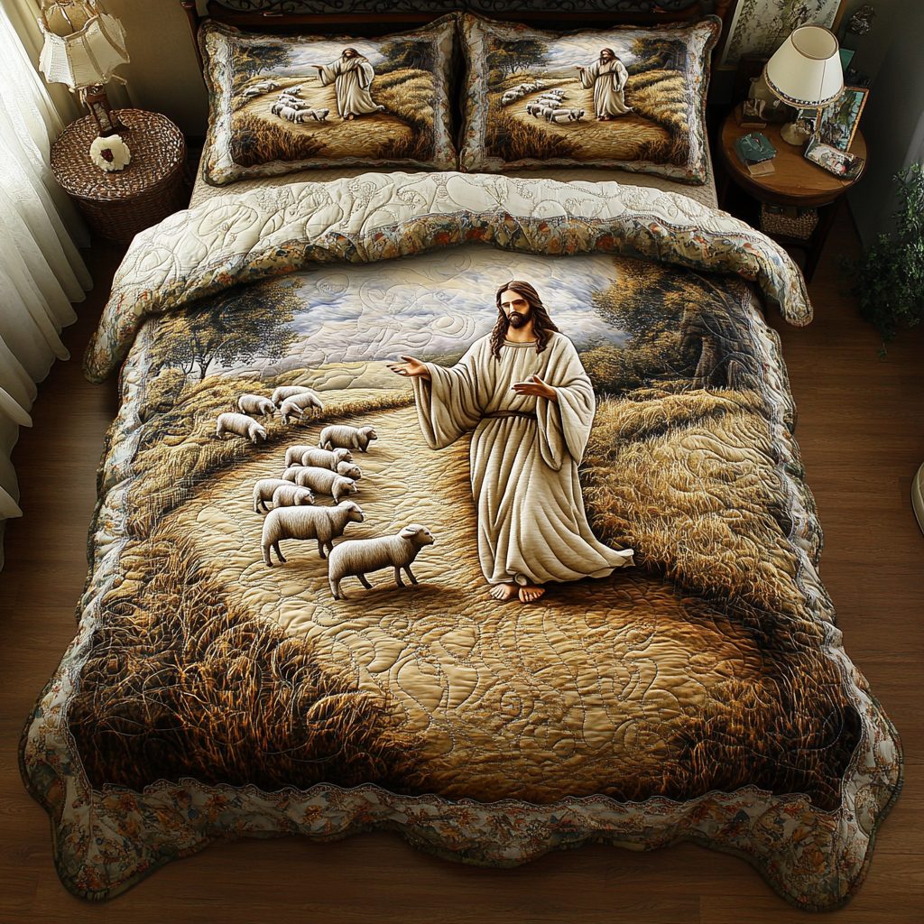 Blessed Path quilted 3-piece bedding set on a made bed in a softly lit bedroom