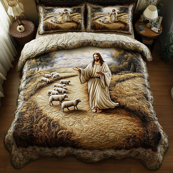Blessed Path quilted 3-piece bedding set on a made bed in a softly lit bedroom