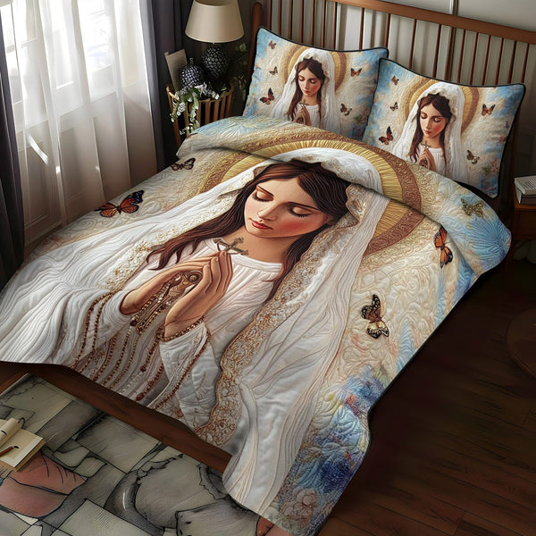 Blessed Radiance quilted 3-piece bedding set on a made bed in a softly lit bedroom