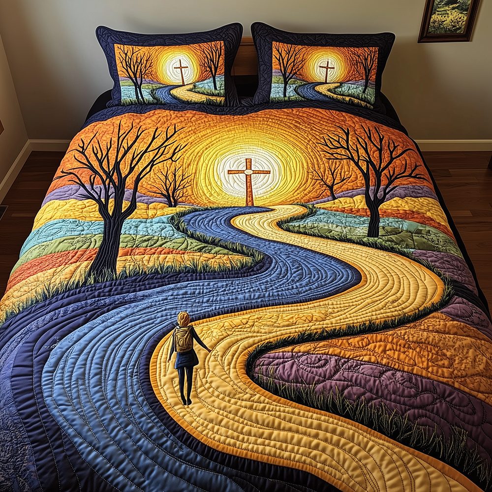 Blessing Path quilted 3-piece bedding set on a made bed with two matching pillow shams