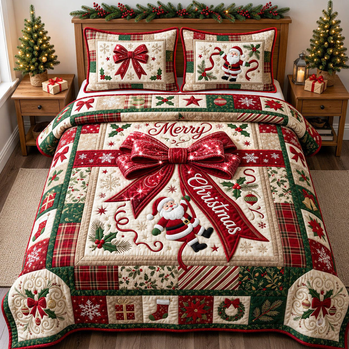 Bling Christmas Gift quilted 3-piece bedding set on a made bed in a winter-styled bedroom