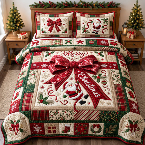 Bling Christmas Gift quilted 3-piece bedding set on a made bed in a winter-styled bedroom