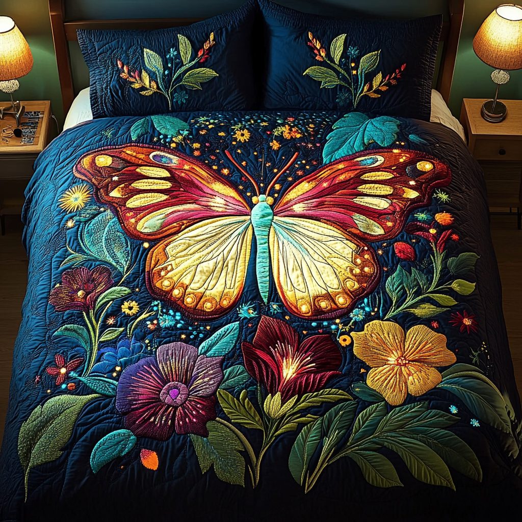 Bliss Wings quilted 3-piece bedding set on a made bed with two matching pillow shams