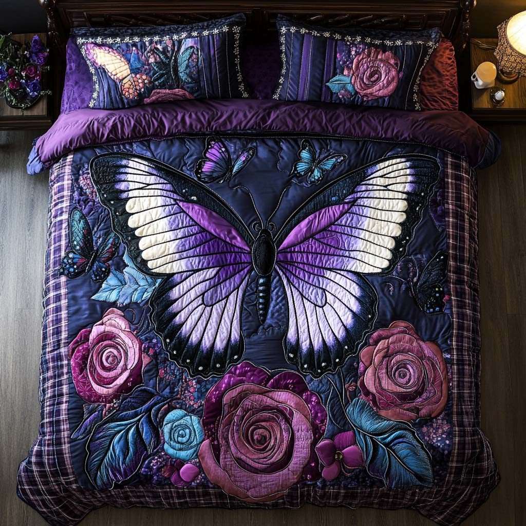 Blissful Butterfly Dance quilted 3-piece bedding set on a made bed with two matching pillow shams