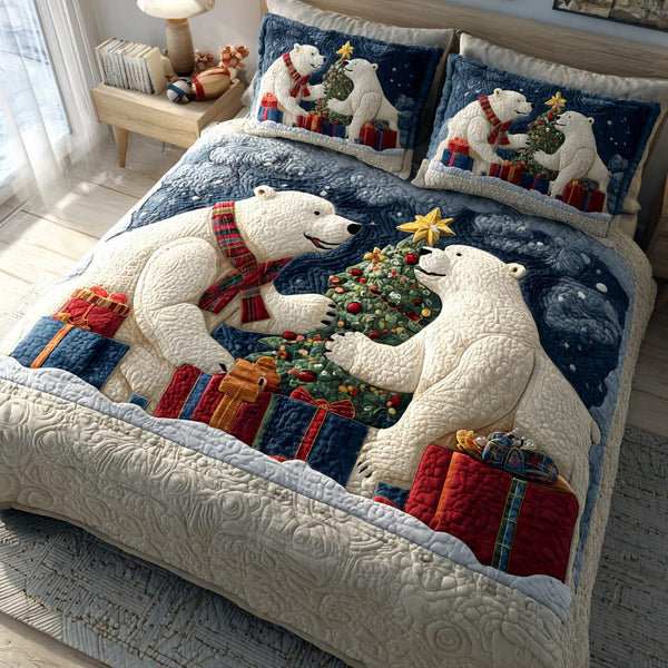 Blizzard Bear Gift quilted 3-piece bedding set on a made bed with two matching pillow shams
