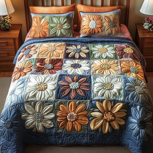 Block Bloom quilted 3-piece bedding set on a made bed with two matching pillow shams