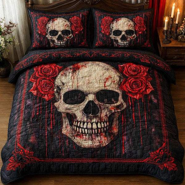 Blood Roses quilted 3-piece bedding set on a made bed with two matching pillow shams
