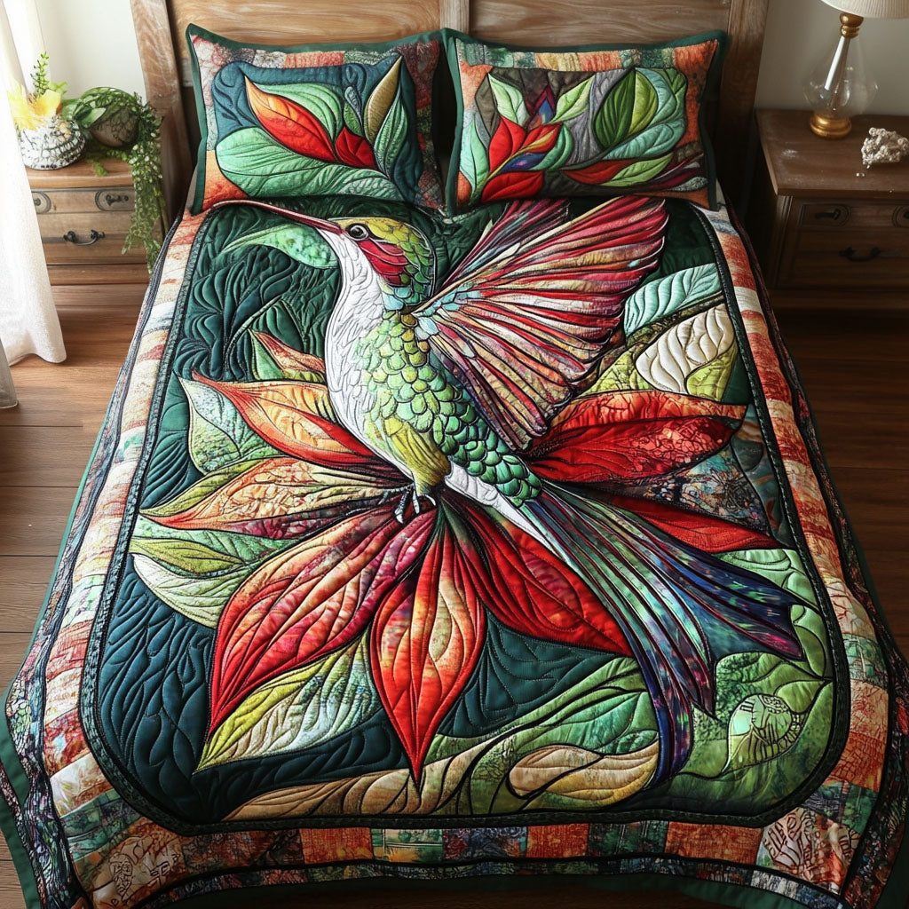 Bloom and Hover quilted 3-piece bedding set on a made bed with two matching pillow shams