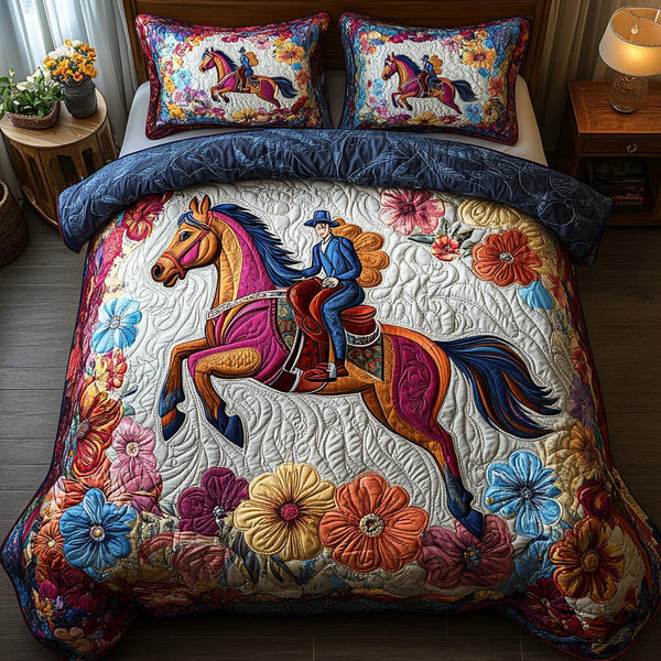 Bloom And Ride quilted 3-piece bedding set on a made bed with two matching pillow shams