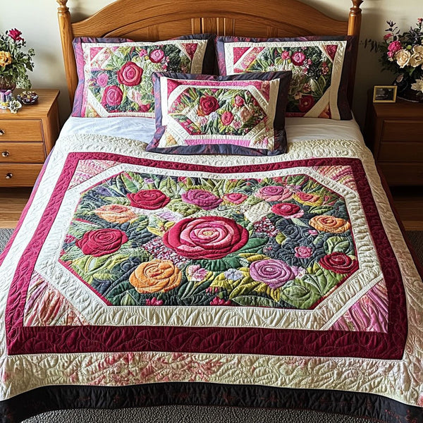 Bloom and Stitch quilted 3-piece bedding set on a made bed with two matching pillow shams