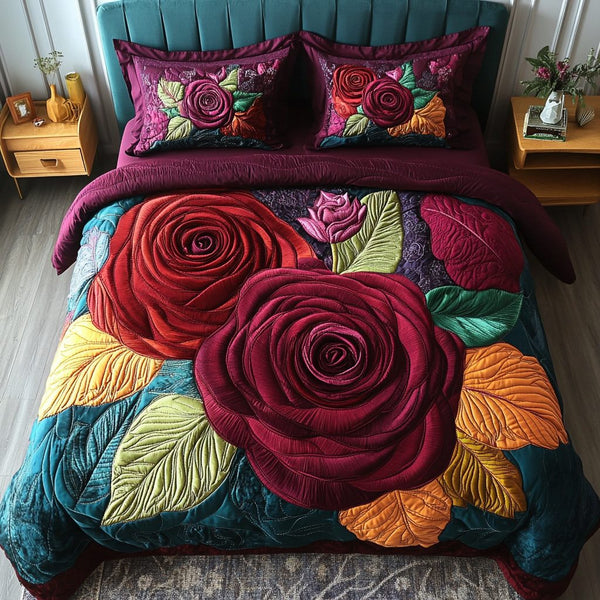 Bloom Bliss quilted 3-piece bedding set on a made bed with two matching pillow shams