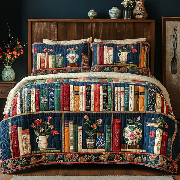 Bloom Books quilted 3-piece bedding set on a made bed with two matching pillow shams