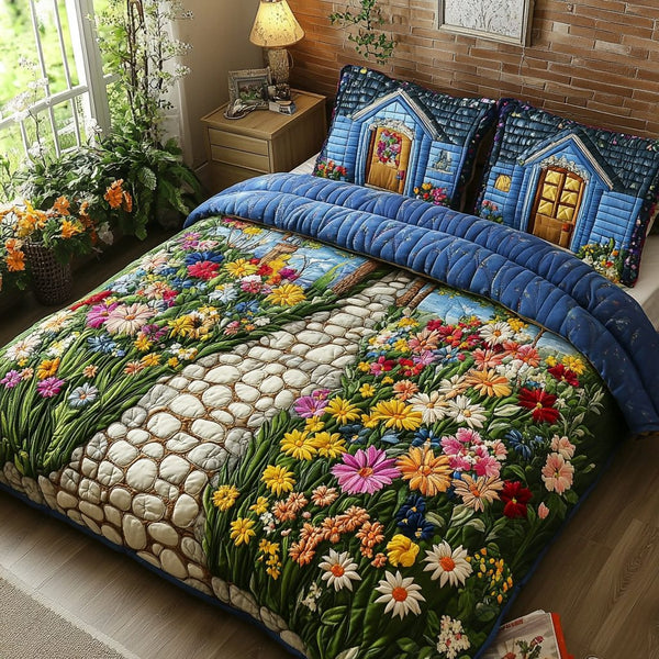 Bloom Cabin quilted 3-piece bedding set on a made bed with two matching pillow shams