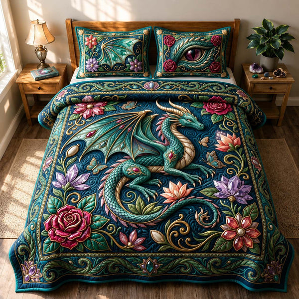 Bloom Dragon quilted 3-piece bedding set on a made bed with two matching pillow shams