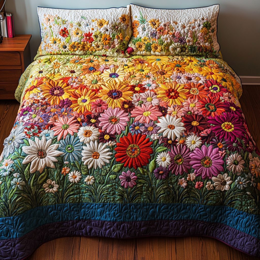 Bloom Dreams quilted 3-piece bedding set on a made bed with two matching pillow shams