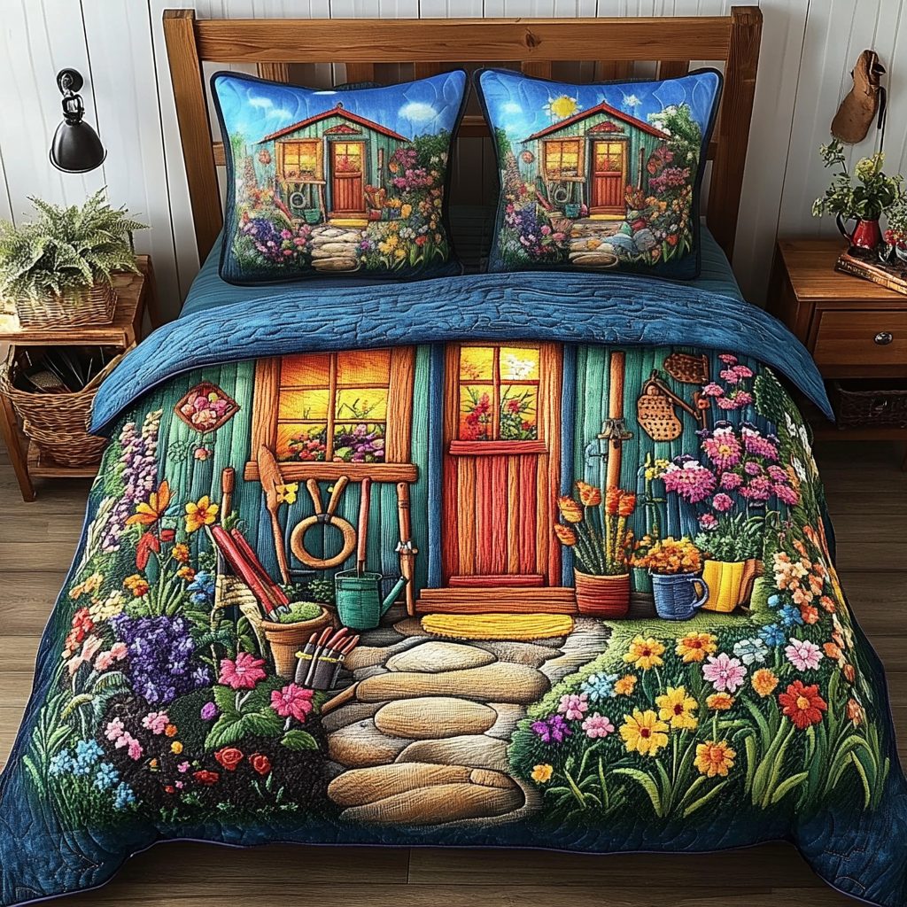 Bloom Escape quilted 3-piece bedding set on a made bed with two matching pillow shams