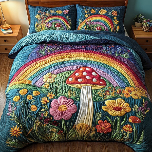 Bloom Glow quilted 3-piece bedding set on a made bed with two matching pillow shams
