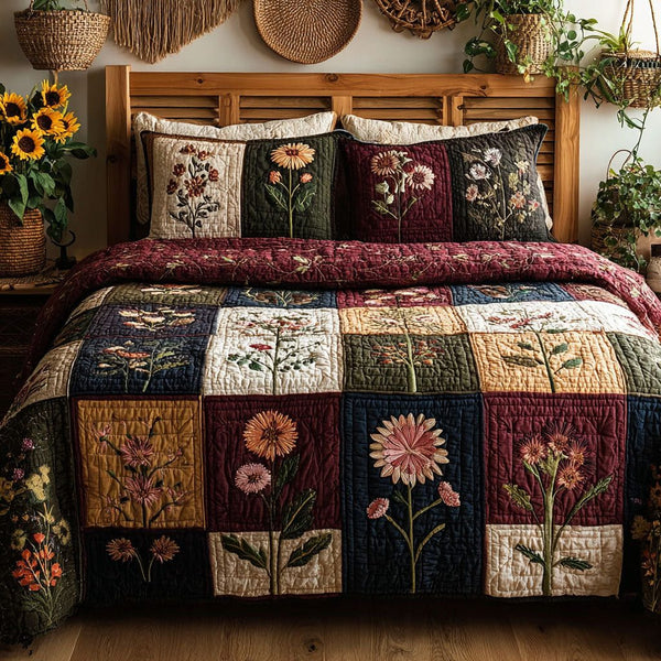 Bloom Haven quilted 3-piece bedding set on a made bed with two matching pillow shams