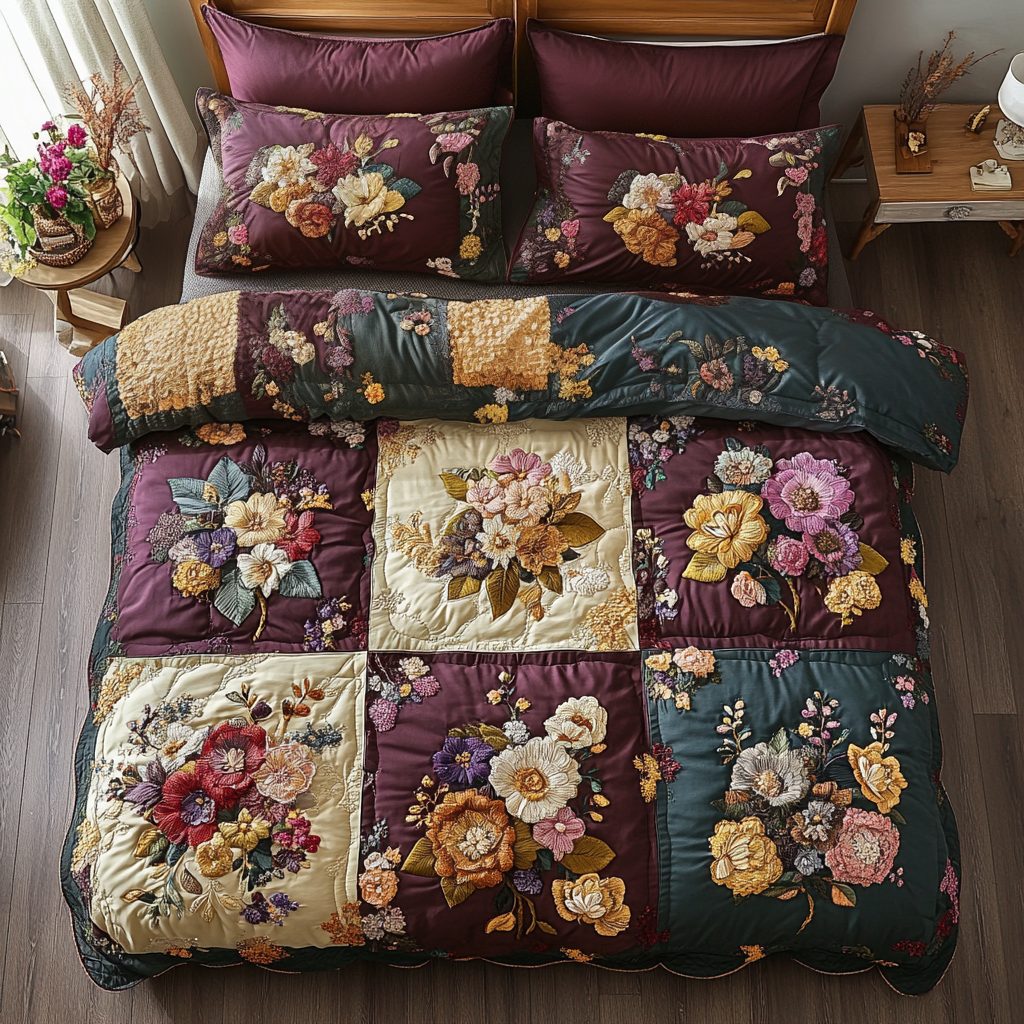 Bloom Haven quilted 3-piece bedding set on a made bed with two matching pillow shams