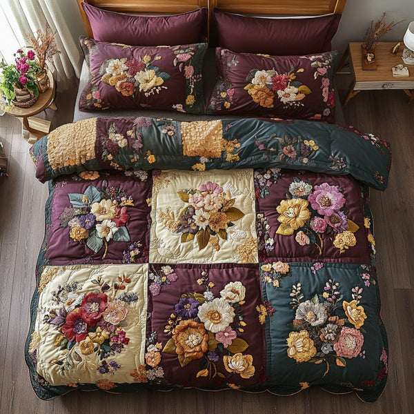 Bloom Haven quilted 3-piece bedding set on a made bed with two matching pillow shams