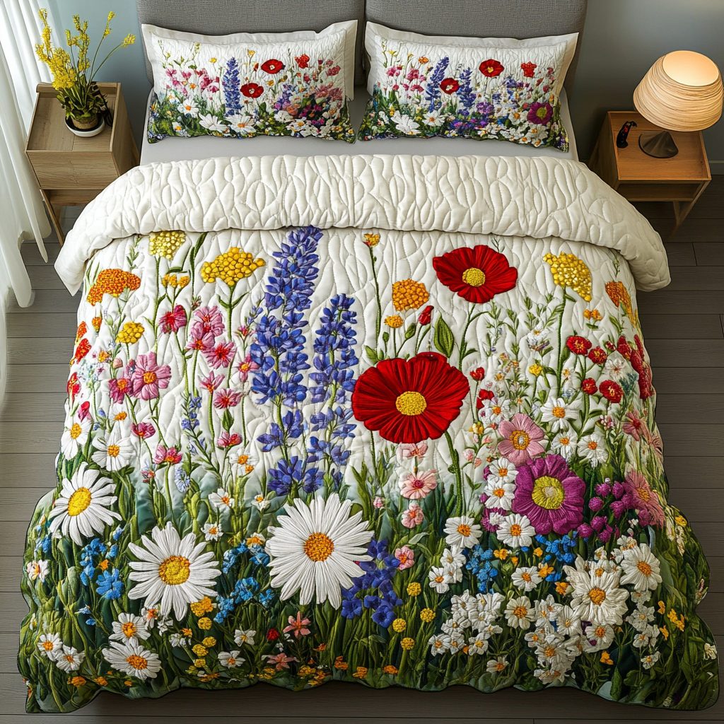 Bloom Haven quilted 3-piece bedding set on a made bed with two matching pillow shams