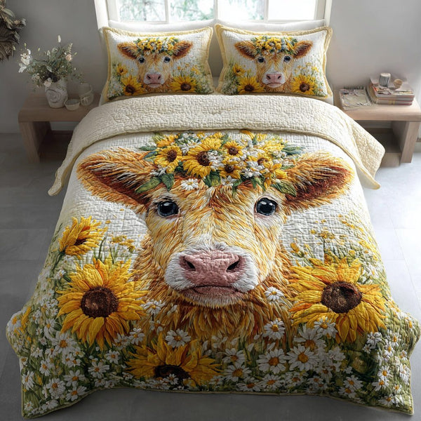 Bloom Highland Cow quilted 3-piece bedding set on a made bed with two matching pillow shams