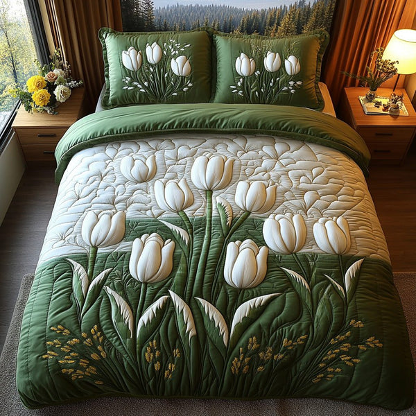 Bloom Path quilted 3-piece bedding set on a made bed with two matching pillow shams