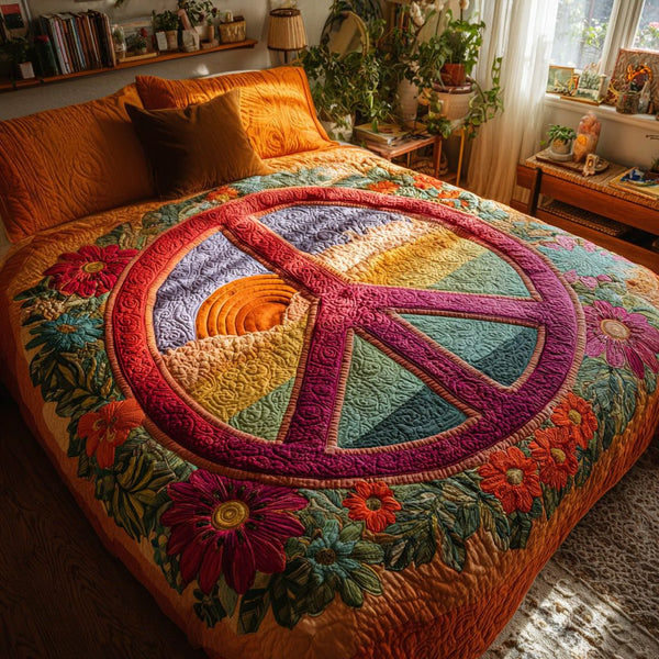 Bloom Peace quilted 3-piece bedding set on a made bed with two matching pillow shams