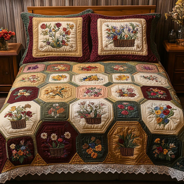 Bloom Quilt quilted 3-piece bedding set on a made bed with two matching pillow shams