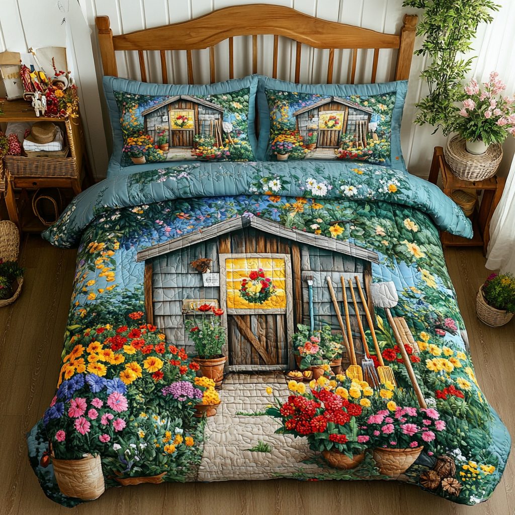 Bloom Shed quilted 3-piece bedding set on a made bed with two matching pillow shams