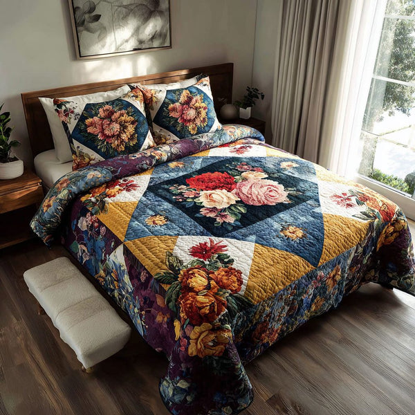 Bloom Trail quilted 3-piece bedding set on a made bed with two matching pillow shams