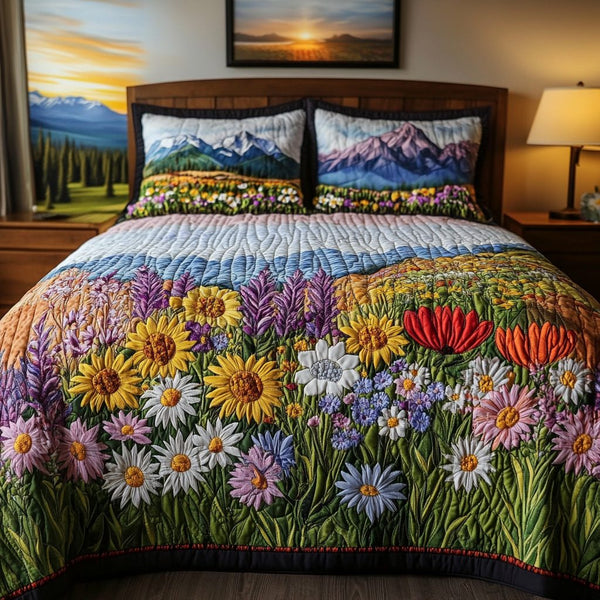 Bloom Trail quilted 3-piece bedding set on a made bed with two matching pillow shams