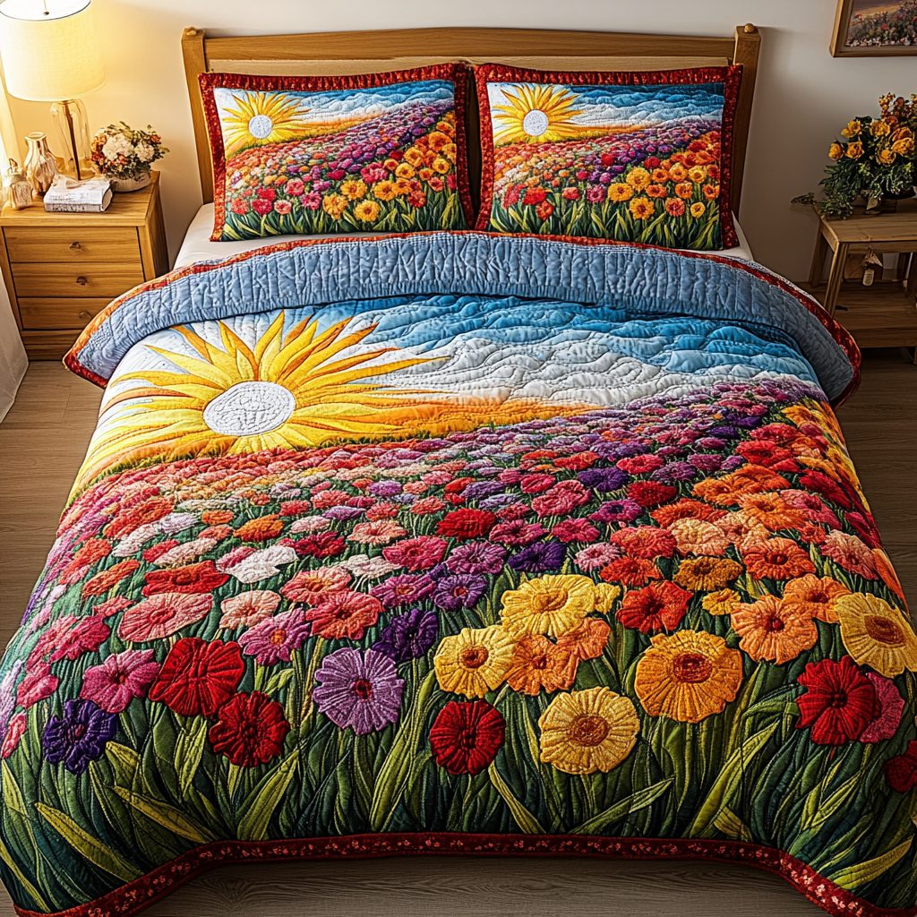 Bloom Vista quilted 3-piece bedding set on a made bed with two matching pillow shams