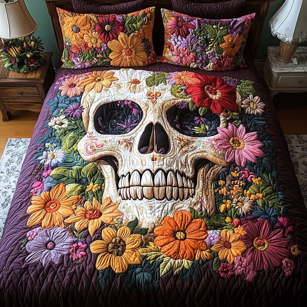 Bloomed Horizon quilted 3-piece bedding set on a made bed with two matching pillow shams
