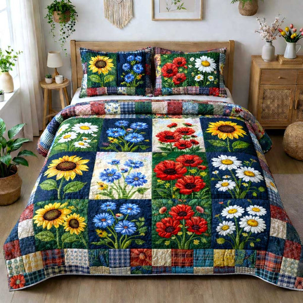 Blooming Acres quilted 3-piece bedding set on a made bed with two matching pillow shams