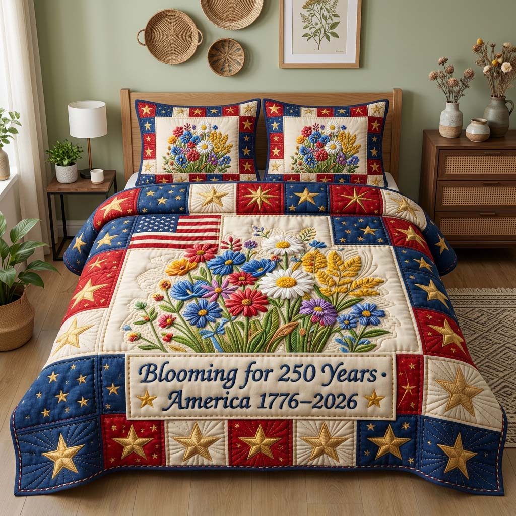 Blooming America quilted 3-piece bedding set on a made bed in a warmly lit bedroom
