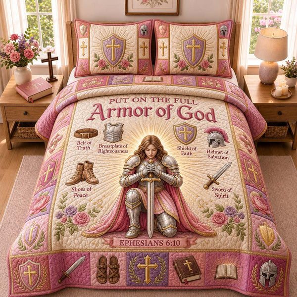 Blooming Armor Shield quilted 3-piece bedding set on a made bed with two matching pillow shams