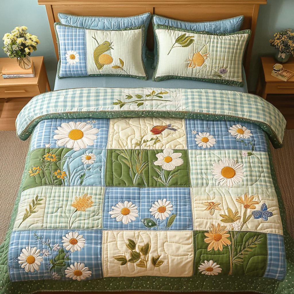 Blooming Beauty quilted 3-piece bedding set on a made bed with two matching pillow shams