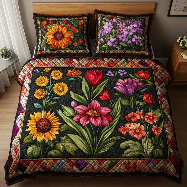 Blooming Beauty quilted 3-piece bedding set on a made bed with two matching pillow shams
