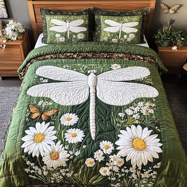 Blooming Beauty quilted 3-piece bedding set on a made bed with two matching pillow shams