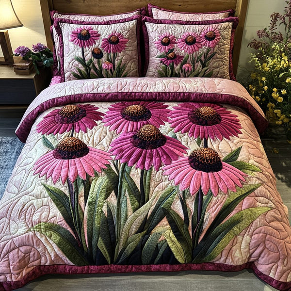 Blooming Beauty quilted 3-piece bedding set on a made bed with two matching pillow shams