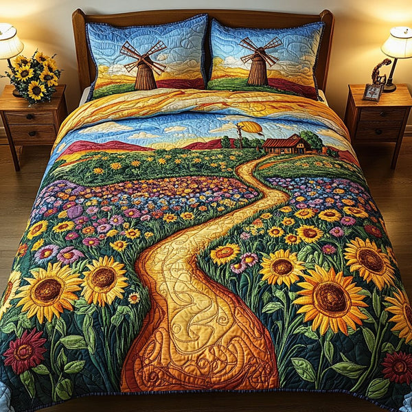 Blooming Beauty quilted 3-piece bedding set on a made bed with two matching pillow shams